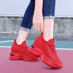 高档品质2024夏季红色内增高运动鞋女士休闲网鞋老爹鞋透气旅游鞋