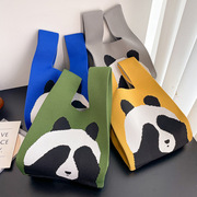 可爱熊猫针织手提包便捷卡通，毛线女包夏季时尚，韩版百搭托特饭盒包
