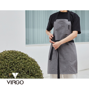 virgo设计灰色牛仔围裙家居，纯棉厨房烘焙围裙男女纯色定制logo