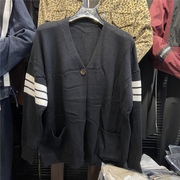 chz2022秋季韩版宽松单排扣v领开衫气质，条纹长袖针织毛衣外套