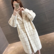 仿水貂绒外套女装，2022秋冬韩版超火毛衣女宽松中长款格子大衣
