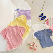 2024新女童(新女童，)甜美泡泡袖薄款短袖t恤夏季儿童莫代尔棉坑条圆领上衣