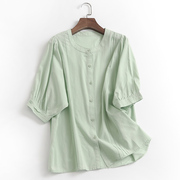 L209纯色褶皱宽松显瘦圆领蝙蝠型短袖上衣夏季2023百搭女衬衫
