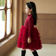 女宝宝公主裙秋冬洋气毛衣，蛋糕裙小女孩红色生日蓬蓬裙打底裙