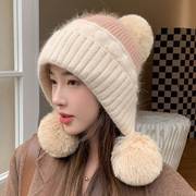 冬季女毛线帽针织帽可爱三球珠子保暖防寒时尚韩版帽洋气百搭护耳