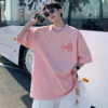 夏季男生短袖t恤纯棉粉色中国风潮，牌潮流全棉美式半袖夏装上(夏装上)衣服