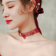 新娘韩式蕾丝项链颈链，锁骨链婚纱饰品2022晚宴，party结婚红色伊诺