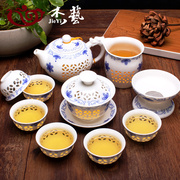 青花瓷玲珑茶具套装 陶瓷整套功夫茶具蜂窝镂空茶壶茶杯盖碗