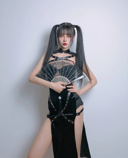 酒吧女歌手gogo演出服舞台装DS摄影服黑色性感铆钉镂空旗袍裙