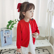 女童针织开衫春秋装，薄款外套宝宝儿童红色，毛衣外搭婴儿空调衫洋气
