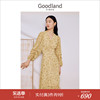 goodland美地女装2023秋季印花碎花，泡泡袖v领钉珠黄色连衣裙