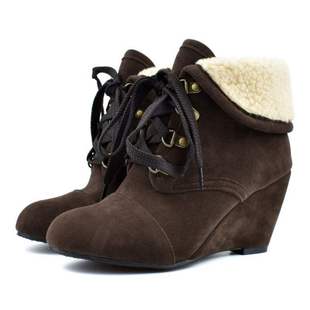 外贸冬季反绒加绒内里系带短靴，坡跟雪地靴，系带女鞋大码靴40-48