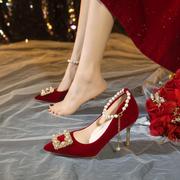 细跟结婚鞋女2024红色，中式秀禾婚纱两穿新娘，敬酒服低高跟单鞋