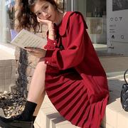 赫本风长袖红色连衣裙，女秋季中长款2023小个子衬衫雪纺百褶裙