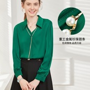 v领雪纺衬衫女款长袖，法式秋季时尚，气质绿色职业上衣洋气衬衣
