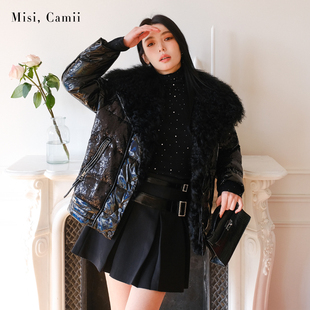 Misi.Camii2023冬季女士时尚气质滩羊毛领珠片羽绒服外套保暖
