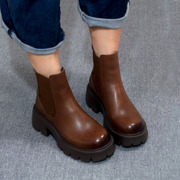 小婉高品质头层牛皮切尔西靴子女秋冬时尚简约防水台粗跟高跟短靴