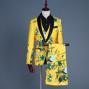 男装西服马甲三件套演出服，黄色印花鹤礼服，男主持修身套装影楼主题