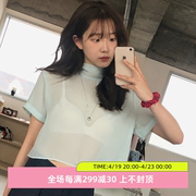 韩国直邮2024年夏装beginning气质纯色立领系带高腰雪纺短袖衬衫