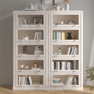 简约书柜白色玻璃门组合现代书架落地儿童储物柜，实木轻奢防尘书橱