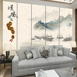 新中式沙发电视背景墙壁纸客厅墙布现代抽象山水墙纸硬包壁画