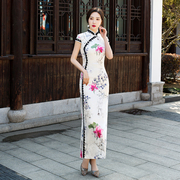 荷花旗袍气质长款年轻洋气水墨连衣裙修身中年走秀演出女装中国风