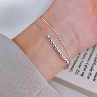 双层叠戴圆珠(戴圆珠，)手链204蛇骨链999纯银，高级设计感送女友礼物