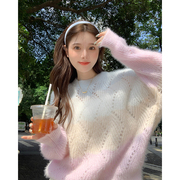 韩版外穿长袖彩虹毛衣女2023秋冬季甜美设计感小众套头针织衫