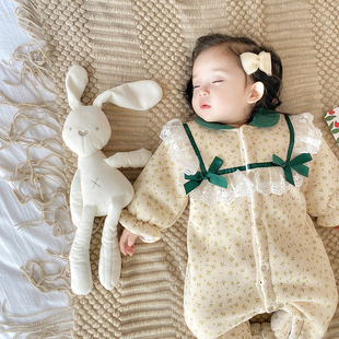 韩版新生婴儿冬装夹棉连体衣女宝宝蕾丝棉服哈衣冬季保暖外出爬服