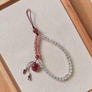天然月光石水晶手机链，短款套手腕搭配草莓晶，狐狸女中国风手工饰品