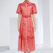橘红色衬衫裙2024春夏泡泡袖短袖，重工木耳边拼贴配腰带连衣裙长裙