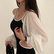 韩国chic夏季小众简约纯色薄款针织开衫长袖，短款防晒披肩外套女