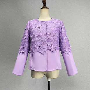 品牌折扣紫罗兰长袖外套女春秋小香风蕾丝绣花单排扣圆领紫色上衣