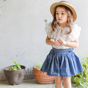 自留!韩国进口夏季女童，超薄飞袖t恤蕾丝，花边短袖半身牛仔裙裤