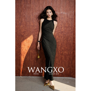 wangxo丨定制弹力亮丝流苏，方格丨圆领，收腰连衣裙无袖短袖双版本