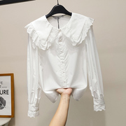 白色娃娃领衬衫女长袖2023春装，甜美日系蕾丝，花边大翻领衬衣上衣