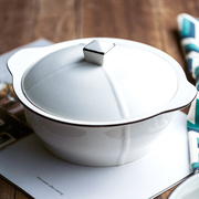 家用汤盆带盖双耳陶瓷黑线，餐具创意个性北欧大号喝汤碗品锅盛汤锅