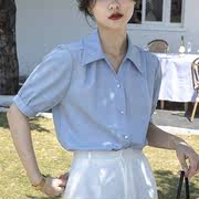 蓝色雪纺短袖衬衫女夏季设计感V领衬衣职业气质正装面试通勤上衣