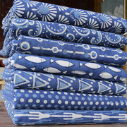 印度进口蓝染布料纯棉植物染手工拓印面料薄款服装印花布复古波点
