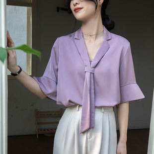 2024夏季紫色短袖，雪纺衫女垂感飘带上衣，温柔风衬衫
