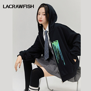 lacrawfish黑色潮酷涂鸦印花拉链，休闲连帽卫衣外套，女2024帽衫