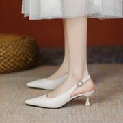 尖头后空细跟白色，高跟鞋女2024春夏季韩版一字带法式包头凉鞋