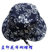 蓝印花布太阳帽蝴蝶结，遮阳帽夏季渔夫帽民族风平顶帽，乌镇纯棉布帽