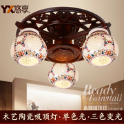 中式陶瓷卧室吸顶灯具实木圆形房间LED灯现代简约灯饰五彩青花瓷