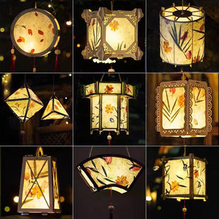 春节创意儿童手工diy灯笼材料包古风花草纸汉服，手提宫灯实木花灯