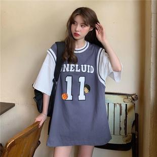 女生篮球服女假两件t恤球衣，背心女童篮球衣女，款短袖韩版粉色上衣