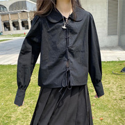 自制娃娃领衬衫女学院风甜美日系，暗黑系小众设计感蝴蝶结系带上衣