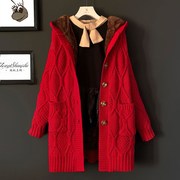 新年毛衣红色棒针粗线外套女加绒，加厚宽松显瘦连帽口袋菱形长款冬