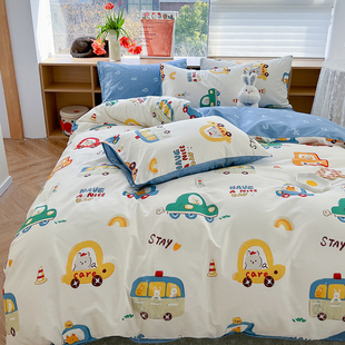 儿童床品全棉三件套男孩床单被套蓝色小汽车纯棉被单1.5米上下铺