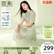 香影新中式国风盘扣连衣裙，女2024夏季绿色，泡泡袖收腰天丝裙子